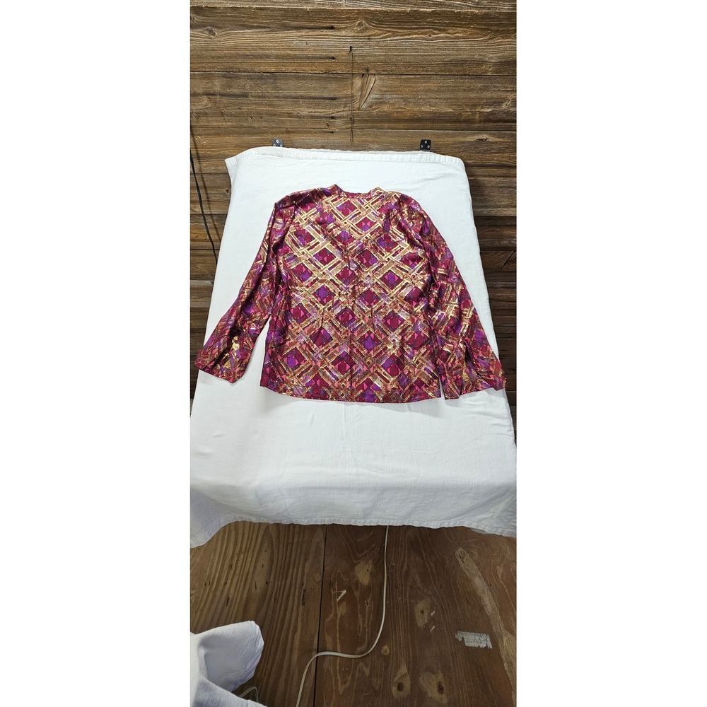 Tory Burch Metallic Geometric Diamond Print Tunic Blouse Burgundy Purple Size 10 - Picture 7 of 7